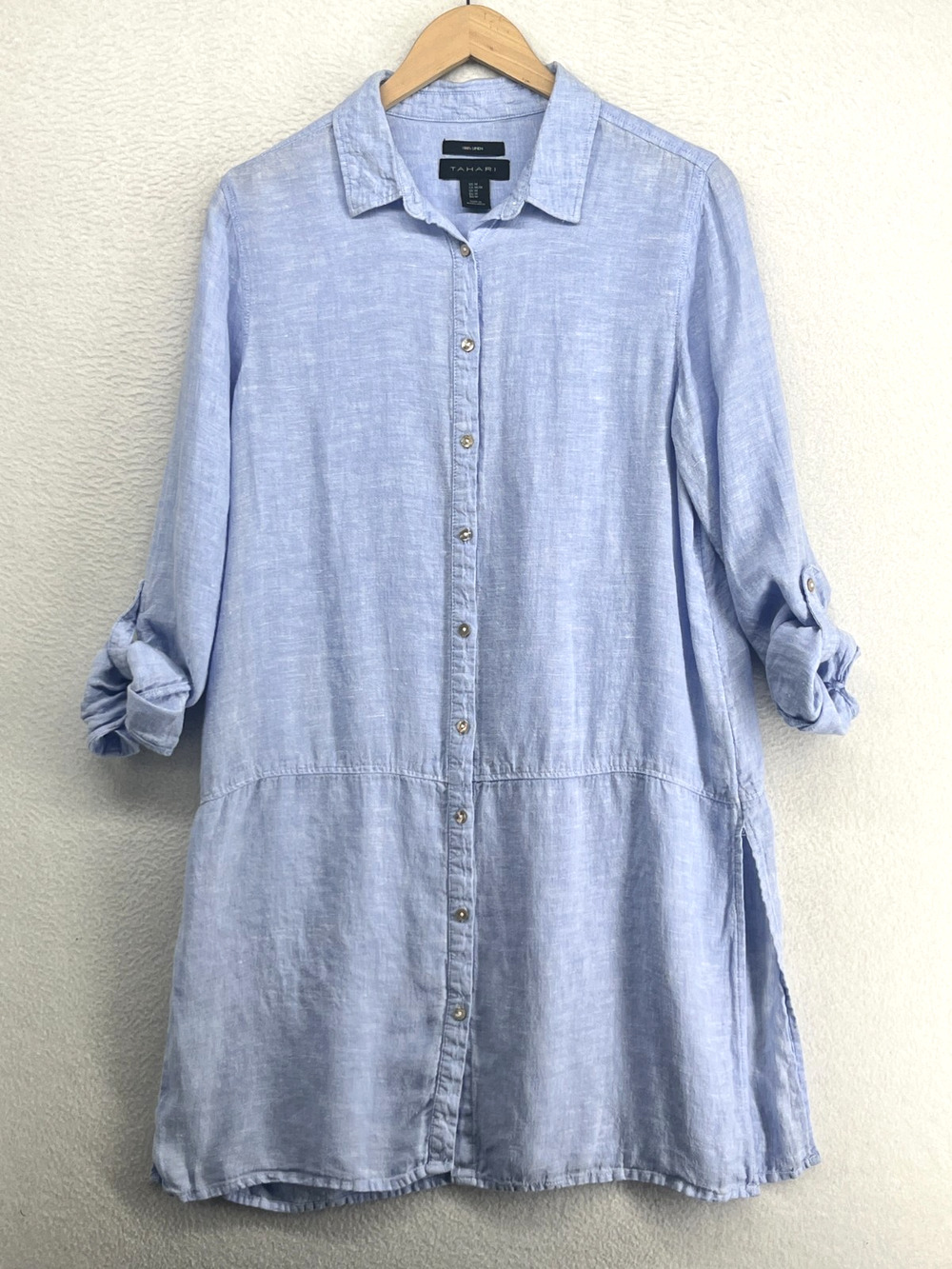TAHARI Tunic M 100% Linen Drop Waist Button Front Roll Tab Sleeve Shirt Blue